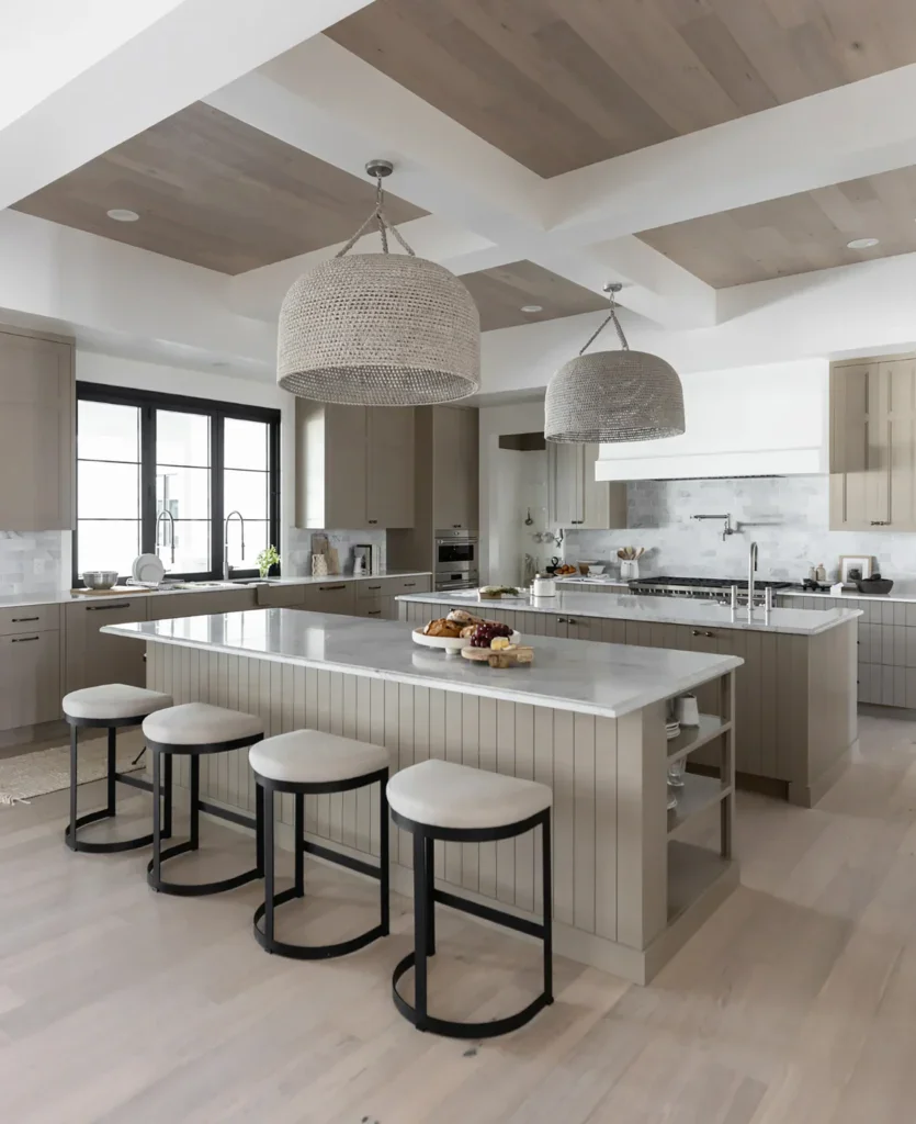 Modern neutral kitchen with large island and woven pendant lights