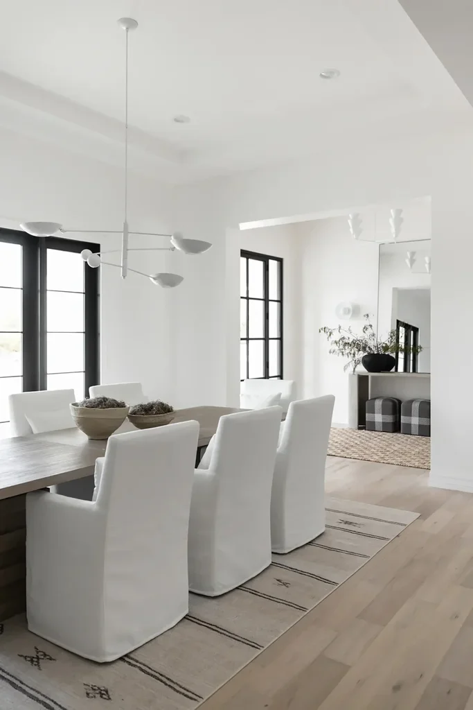 Modern white dining room with slipcovered chairs and wood table