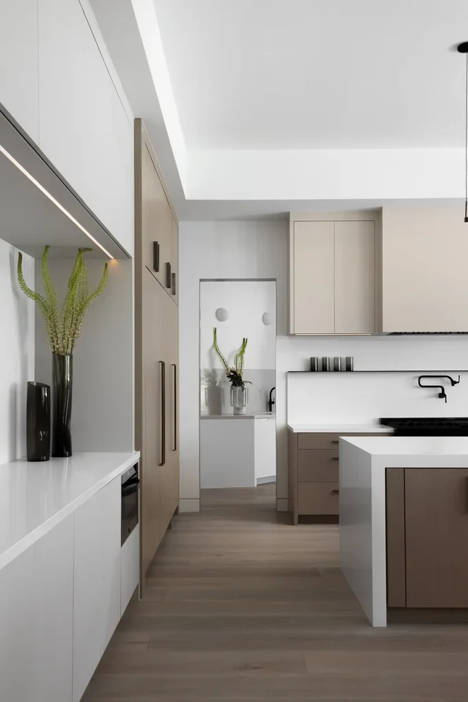 Modern minimalist kitchen with white and warm wood cabinets