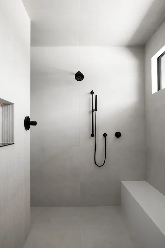 Minimalist walk-in shower with matte black fixtures and bench