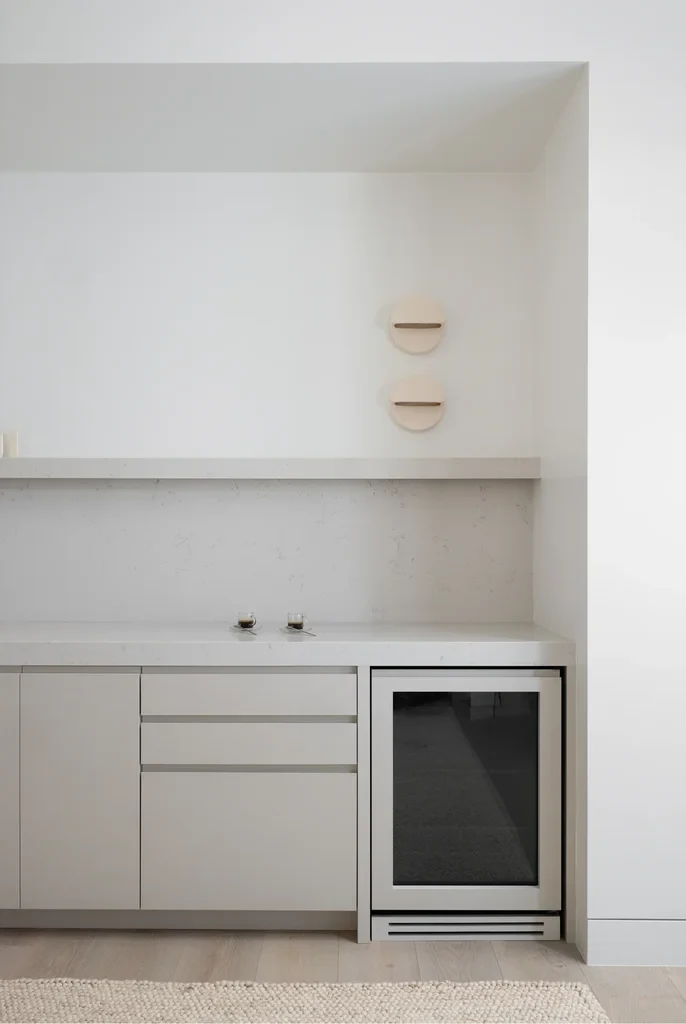 Minimalist white kitchen with gray cabinets and wine cooler