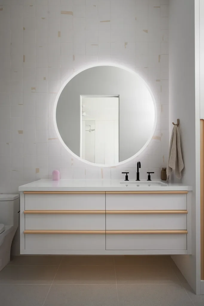 Modern white bathroom with round backlit mirror and floating vanity