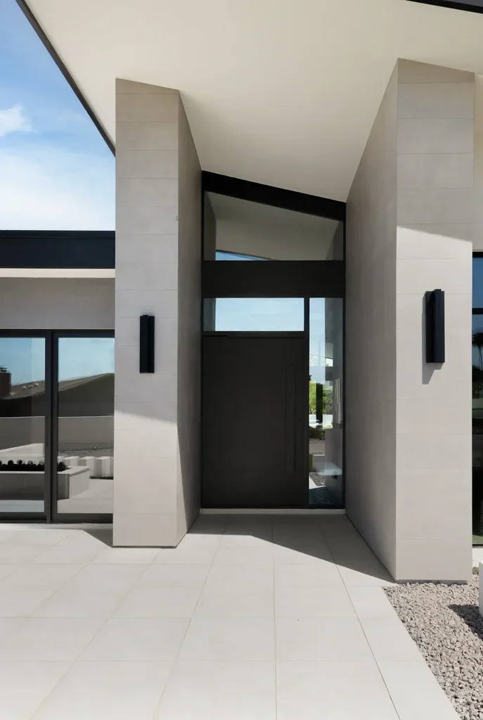 Modern home entrance with black door and concrete pillars