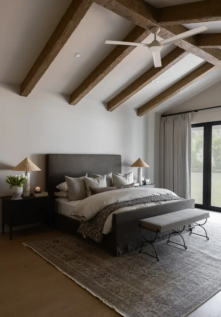 Elegant bedroom with exposed wood beams and gray upholstered bed